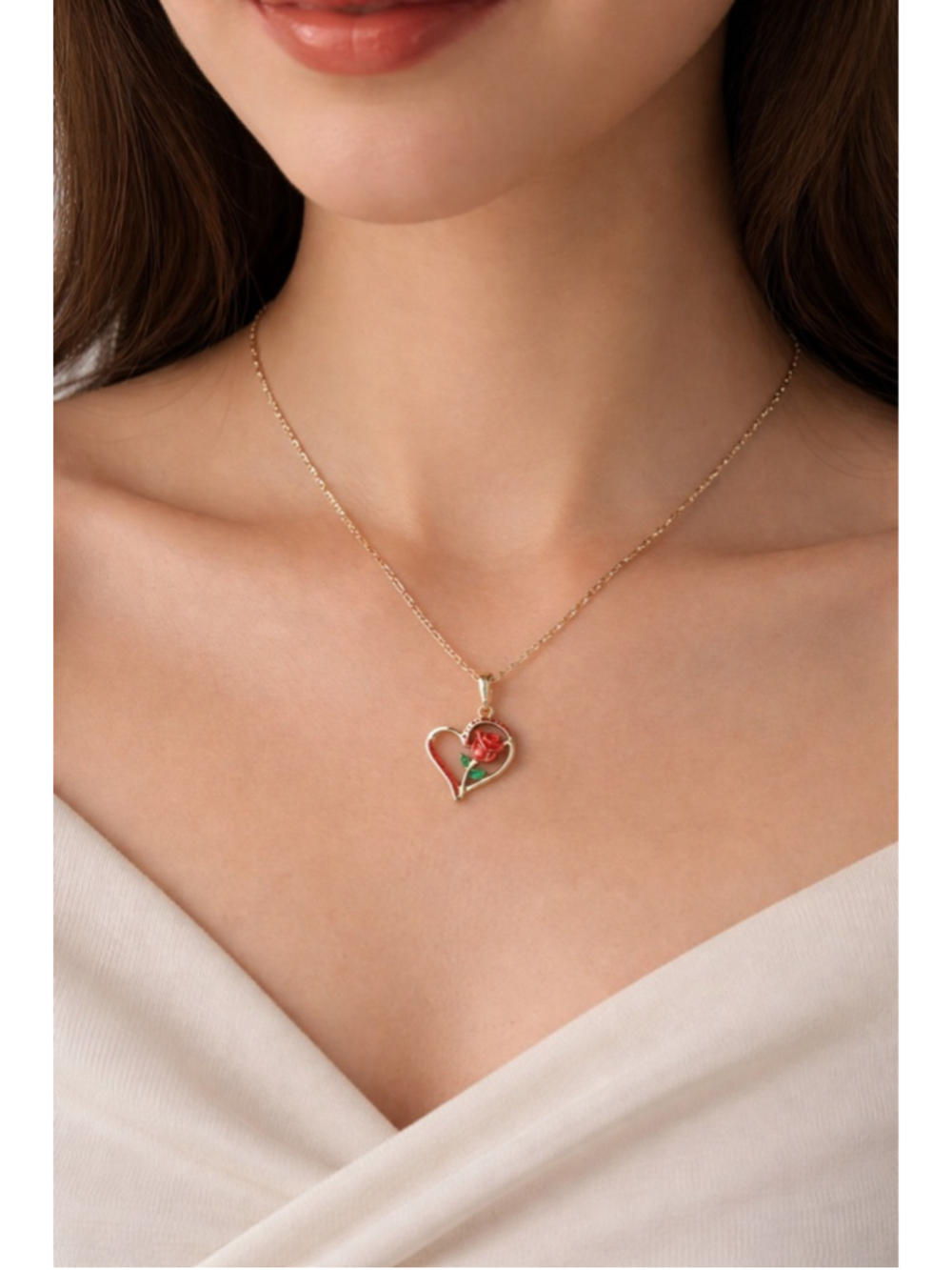 14K Gold Plated Women's Rose Heart Pendant Necklace Brand New
